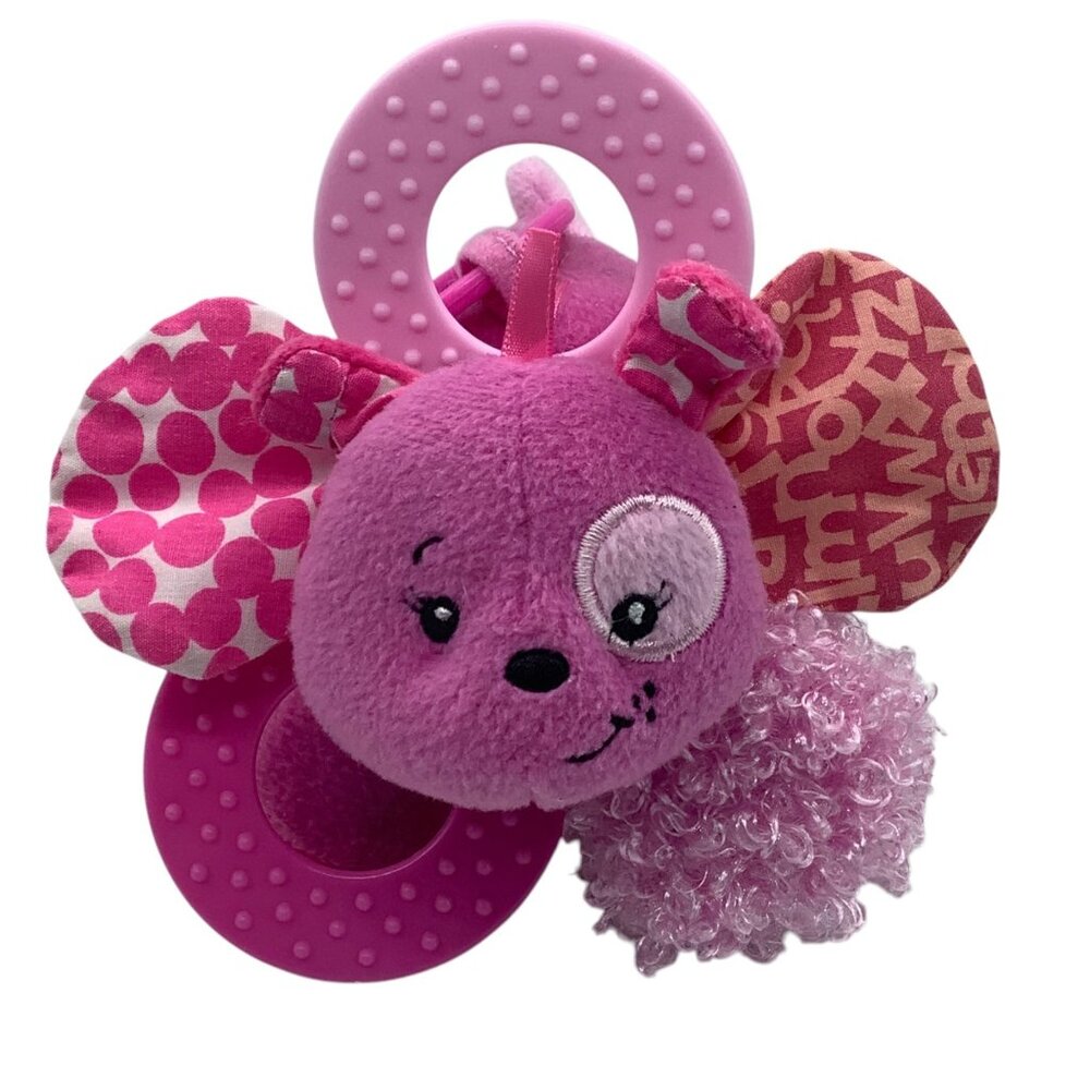 Infantino Lil Teether Pink Dog Plush Toy Mirror 5”x5” Carseat Clip 2010‎